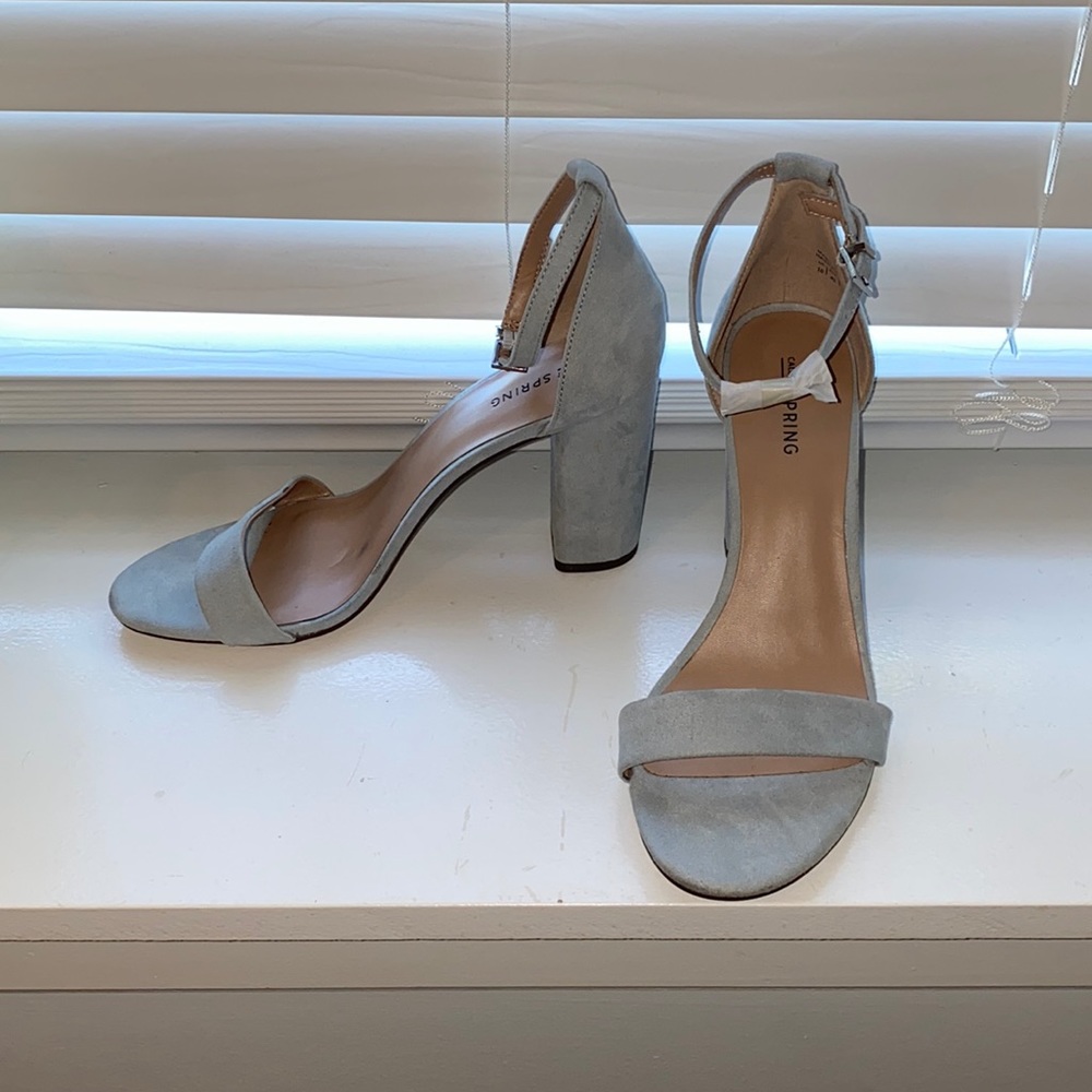 Call it spring blue suede open toe 3” heels.